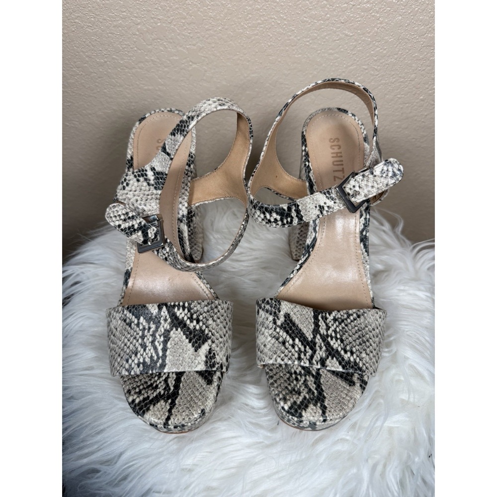 SCHUTZ Women's Size 10B Snakeskin Print Block Heel Ankle Strap‎ Sandals